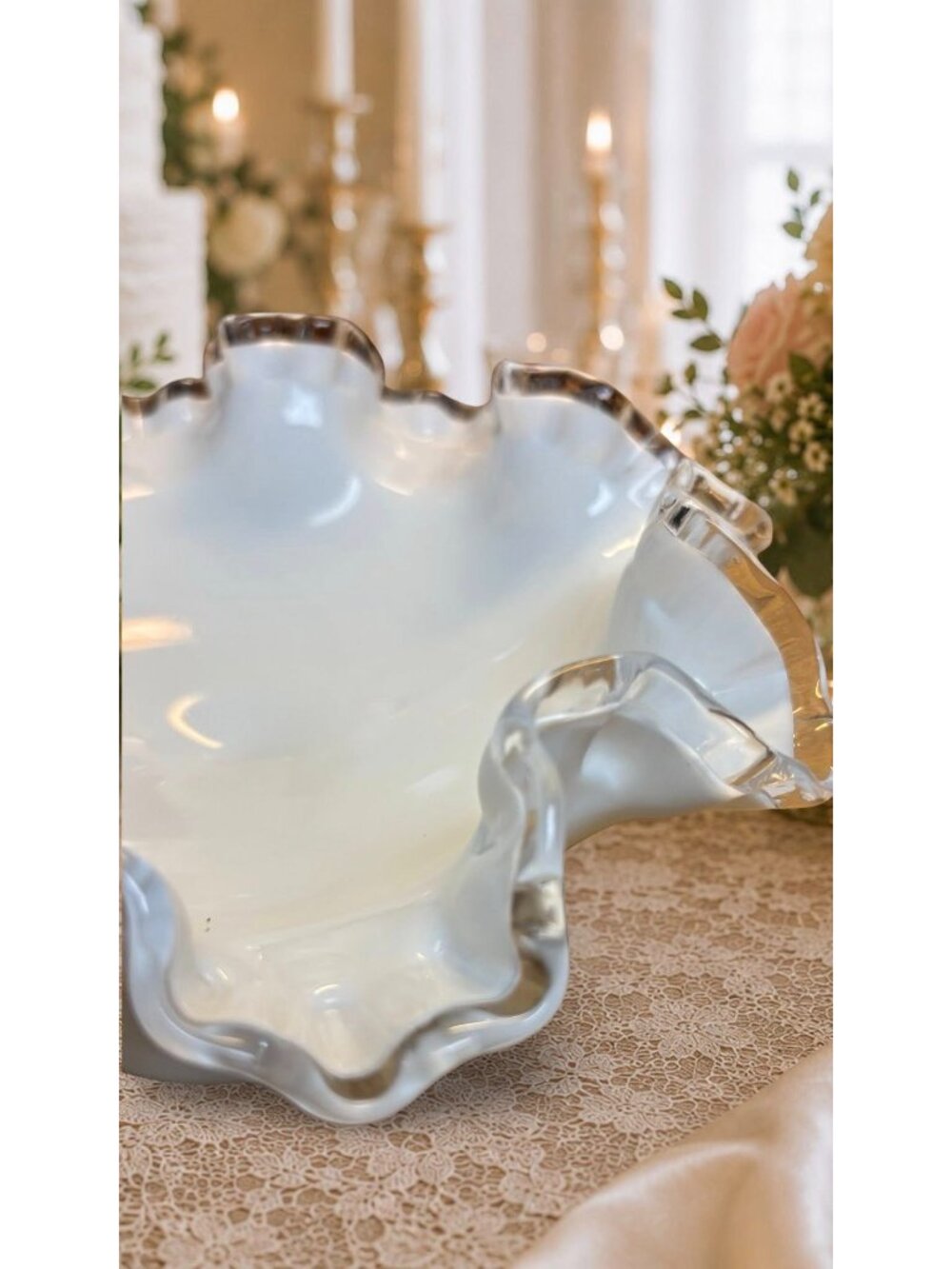 Fenton Milk Glass Bowl Silver Crest Ruffled Edge Pedestal Compote Candy Dish - Picture 4 of 7